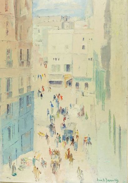 Jean-Désiré BASCOULES (1886-1976) Place orientale animée. Huile sur panneau signée...