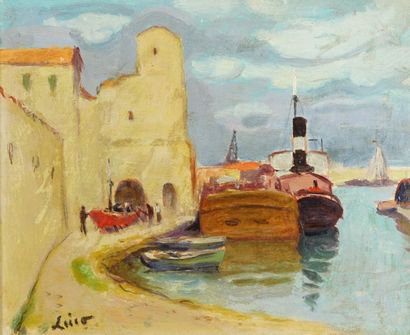Gustave LINO (1893-1961) Bateaux à quai. Huile sur panneau signée en bas à gauche....
