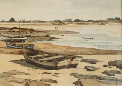 YAN (1901-1994) "Boat at low tide." Watercolor on paper located on the back "Steir...