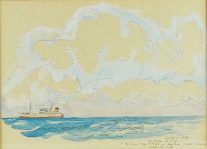 André LECONTE Au large de Suez.. Aquarelle sur papier, signée, située 1951 et dédicacée.19...