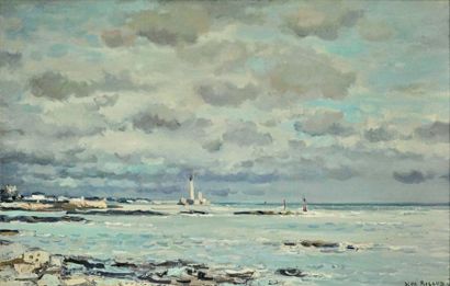 Jean RIGAUD (1912- 1999) "Barfleur le phare de Gatteville" Huile sur toile signée...