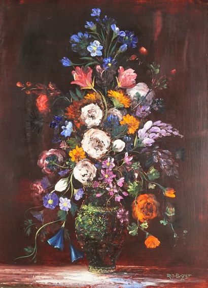 Raymond Jean BIZET (1922-2015) Vase de fleurs. Huile sur toile 72 x 52 cm.