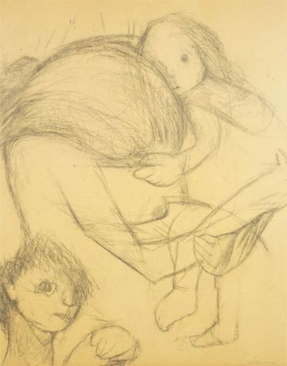 SIMA Mère et enfants. Dessin au crayon signé en bas à droite 45 x 63 cm