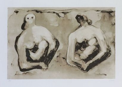 Henry MOORE (1898-1986). Sisters with children, 1979. Lithographie. Signée en bas...