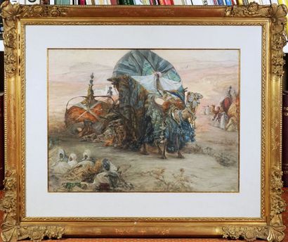 Georges-Jules-Victor CLAIRIN (1843-1919). Caravane de mariés dans le désert, circa...