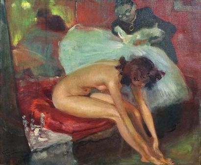 Jean-Gabriel DOMERGUE (1889-1962). La danseuse nue ou la loge. Huile sur toile. Signée...