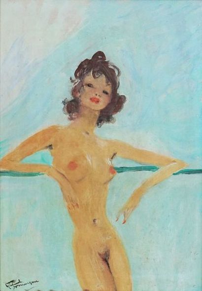 Jean-Gabriel DOMERGUE (1889-1962). Nu, désinvolture. Huile sur isorel. Signée en...