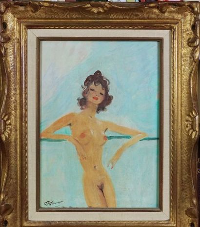 Jean-Gabriel DOMERGUE (1889-1962). Nu, désinvolture. Huile sur isorel. Signée en...