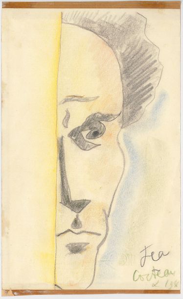 JEAN COCTEAU (1889-1963). Autoportrait, 1955/56. Crayon gras noir et pastels sur...