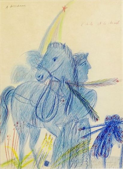 Alexandre FASSIANOS (né en 1935). L’Etoile et le cheval. Crayons de couleurs. Signé...