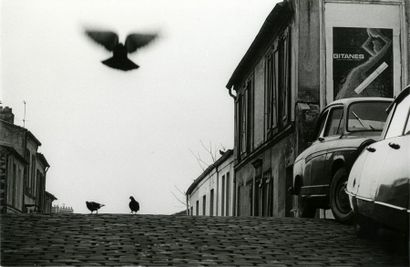 France Nuée de pigeons dans une rue de Paris, ca. 1950.. Tirage argentique ca. 1970,...