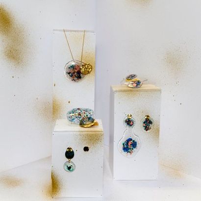 null Jelly" collection of transparent resin jewellery with multicoloured pigment...