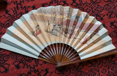 null FOLDED FAN WITH STRANDS AND PLUMES OF WOOD ON PAPER. Double taurine chromolithography...