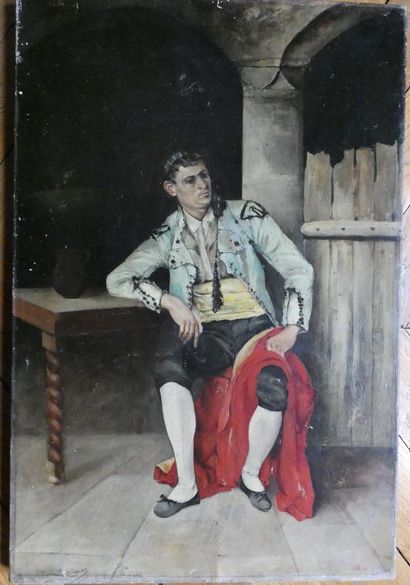 RODRIGUEZ (Gomez). TORERO DANS L’ATTENTE DU COMBAT.. Fin XIXe.. Huile sur toile de...