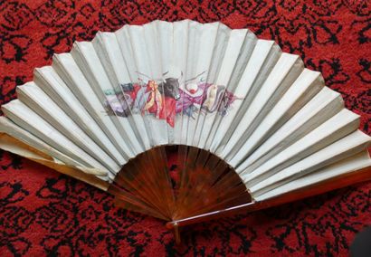 null 
FAN FOLDED IN IVORY ON PAINTED SILK. Panache and throat in openwork ivory and...