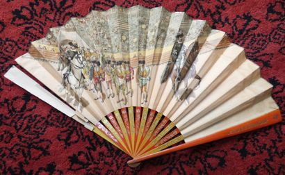 null FAN FOLDED ON PAPER. Panaches and strands of red and ivory wood decorated with...