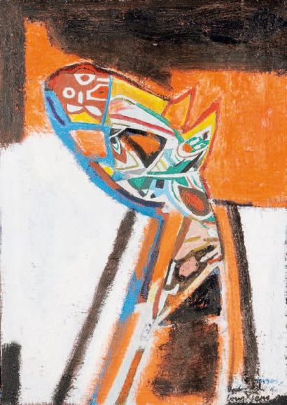 Pierre COURTENS (1921-2004) Chien sur fond orange et blanc Huile sur toile. Signée...
