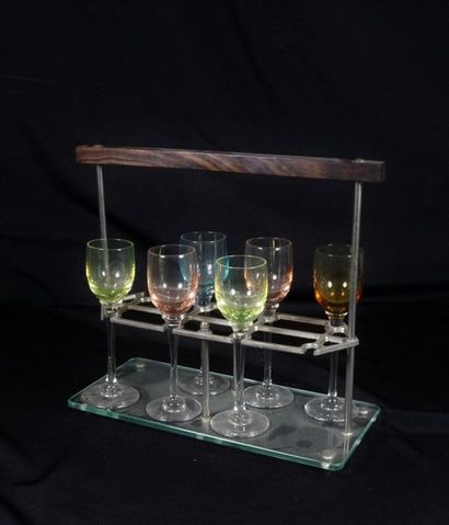 null Glass liqueur cellar in silver metal and ebony supporting coloured glasses ...