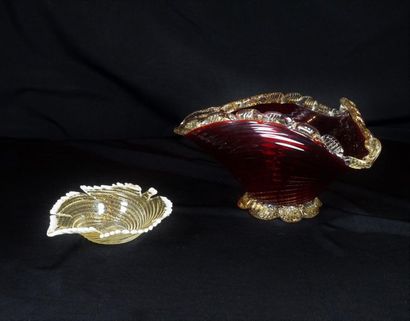 MURANO Red and gold glass bowl with pinched rim, with a leaf-shaped pouch and a cup...