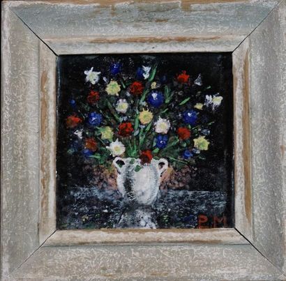 Paul Louis MERGIER (1891 - 1986) Bouquet de fleur, émail sur cuivre monogrammé. 15...