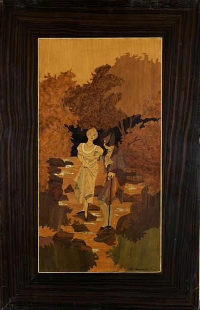 Th MALCOURANT XXème Paysage et scène de genre, deux panneaux de marqueterie de bois...
