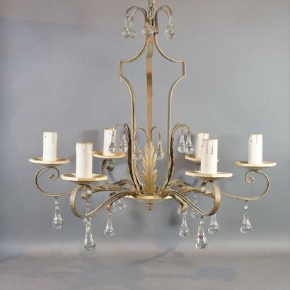 null Forged and painted metal chandelier with glass drops, circa 1940 .H 59 cm