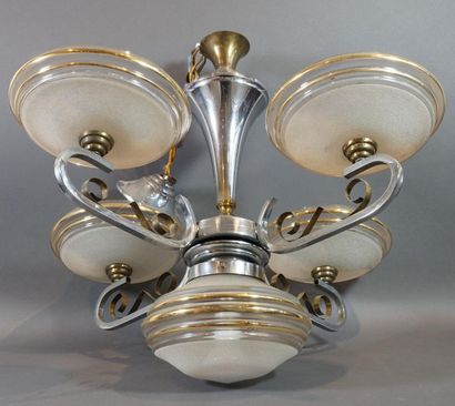 null Chandelier in chromed metal and brass, bowl and cups in sandblasted and satin...