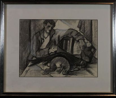 André RAGEADE (1890 - 1978) Chasseur, dessin au fusain et gouache, signé en bas à...