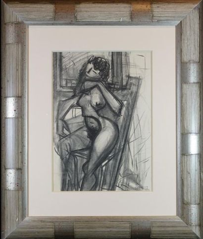Ecole XXème Cubic female nude, charcoal on paper, signature mark. 42 x 30 cm