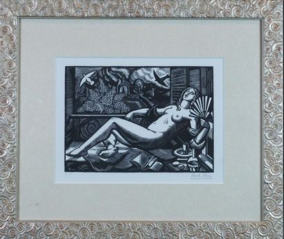 Paul VERA (1882 - 1957) Nude woman with fan, engraving circa 1920 signed in the plate...