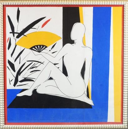 Ecole XXème Femme nue à l’éventail, gouache sur papier, projet de foulard . 78 x...