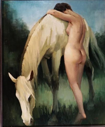 André Mare (1885-1932) Femme nue et sa jument, huile sur toile signée en bas à droite...