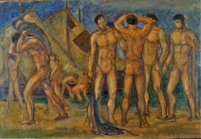 Ecole XXème Hommes nus à l’antique, huile sur toile. 53 x 80 cm