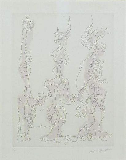 André MASSON (1896 - 1987). Trois personnages. Eau-forte, impression en couleurs....