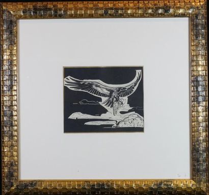 Paul JOUVE d’après. Aigle et sa proie, gravure sur fond noir et bordures or. 18 x...
