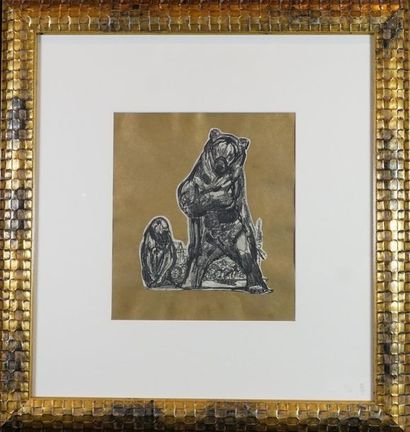 Paul JOUVE d’après. Les ours, gravure sur fond or. 27 x 23 cm