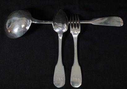 null Fourteen XIXth century silver cutlery with 925 thousandths "E.W." numbers; four...