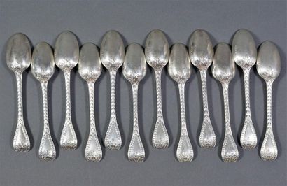 null 12 small silver spoons English workmanship decorated with heart stripes Weight...