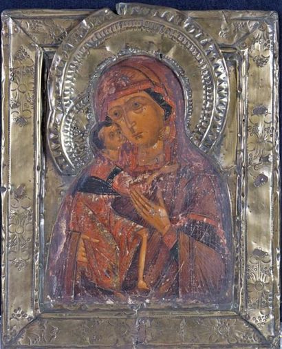 Ecole orthodoxe fin XIXe siècle. Icone représentant la vierge à l'enfant Peinture...