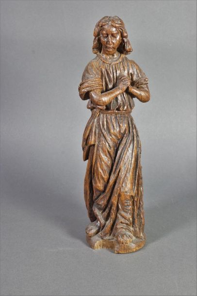 null Woman in prayer, carved natural wood statuette with patina. Work XIXth Dimensions...