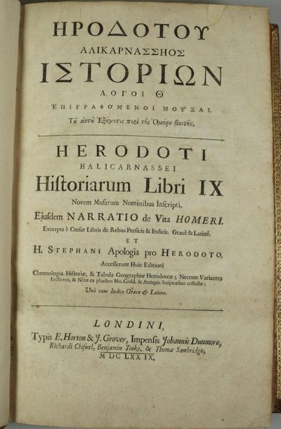 HÉRODOTE Herodoti libri novem, qvibvs mvsarvm indita svnt nomina. Basileaee, in officina...