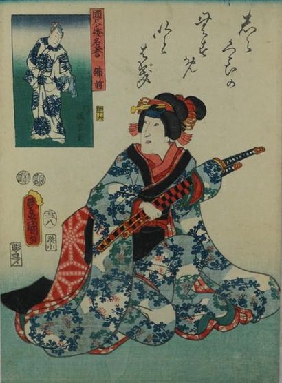null Lot de six estampes : une femme et un homme courroucé (24,2x34,5 cm) ; Utagawa...