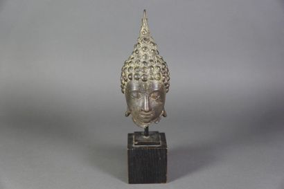 null Head of Buddha in bronze with a brown-green patina, eyes half closed, headdress...