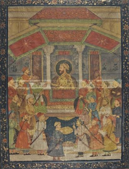 null Peinture polychrome sur soie, l'empereur Shah Jahan (?) ou un maharaja recevant...