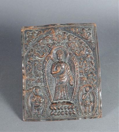 null Lot including: a carved wooden prayer book cover featuring a frieze of Buddha...