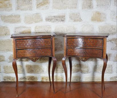 null Pair of Louis XV style bedside tables decorated with marquetry of cubes (jump...