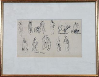 Emile AUBRY (1880 - 1964) Etude de personnages et d'animaux, la caravane. Deux dessins...
