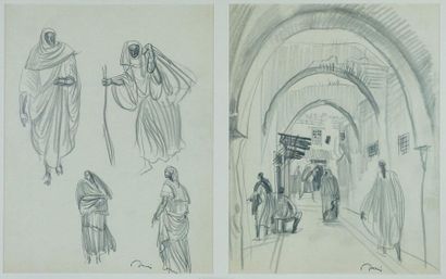 Ecole XXème Orientalist scene. Drawing, double study on paper signed with the stamp...