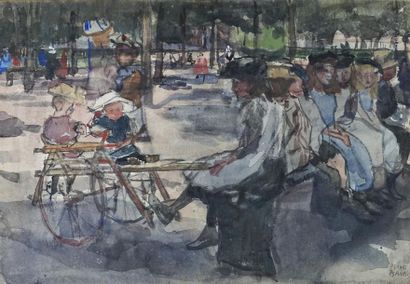 Isaac Lazarus ISRAELS (1865-1934). Les gouvernantes dans le Parc. Aquarelle signée...