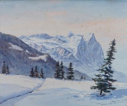 J WAGNER. Snowy landscape. Watercolor signed and dated 46-47 (freckles) . Size :...